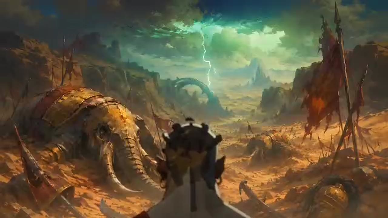 A warrior looks out over a storm-lit battlefield in Blood Passages