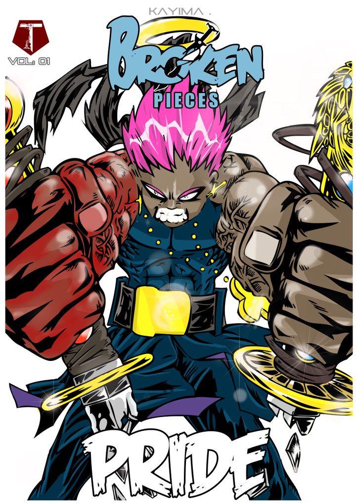 Broken Pieces Origins cover: a pink-haired brawler in blue throws both armoured fists forward over the word Pride