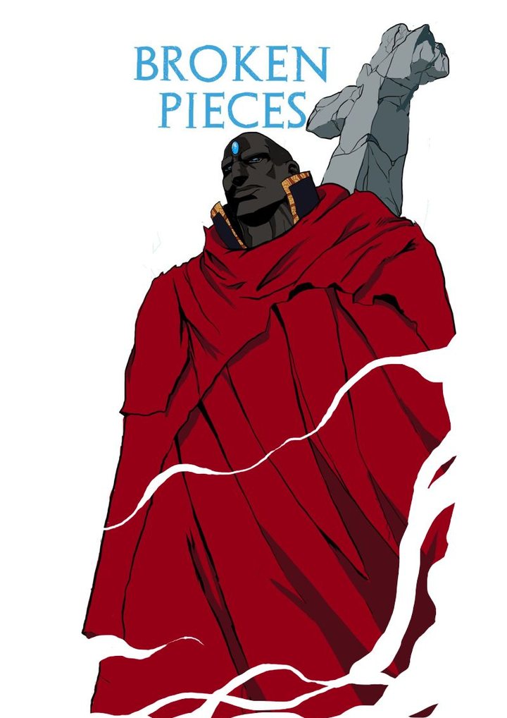 Broken Pieces Revamp cover: a bald man in a red cloak stands under a broken stone statue