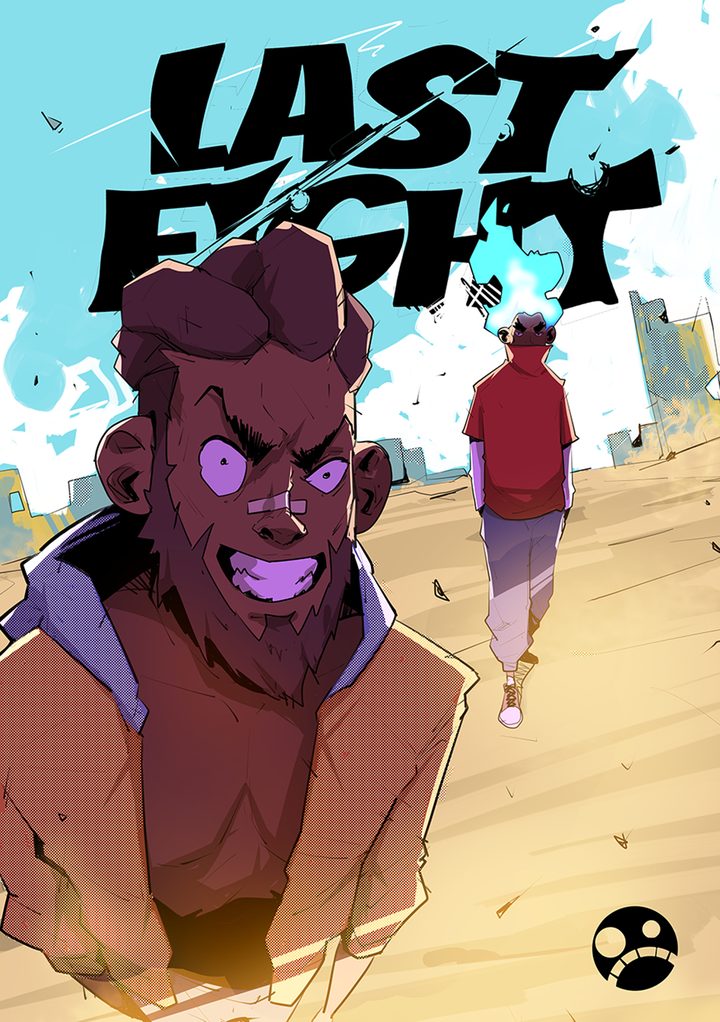 Last Fight cover: a grinning bearded fighter in front, and a rival with blue flames for hair walking up behind him