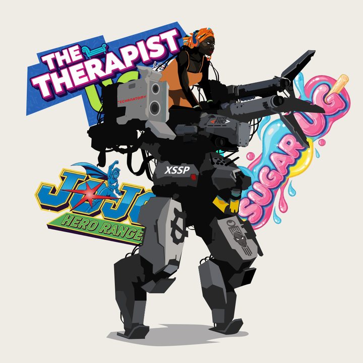 GamerGirl T-shirt art: a woman pilots a mech, surrounded by The Therapist UG, Sugar UG and JoJo Hero Rangers logos