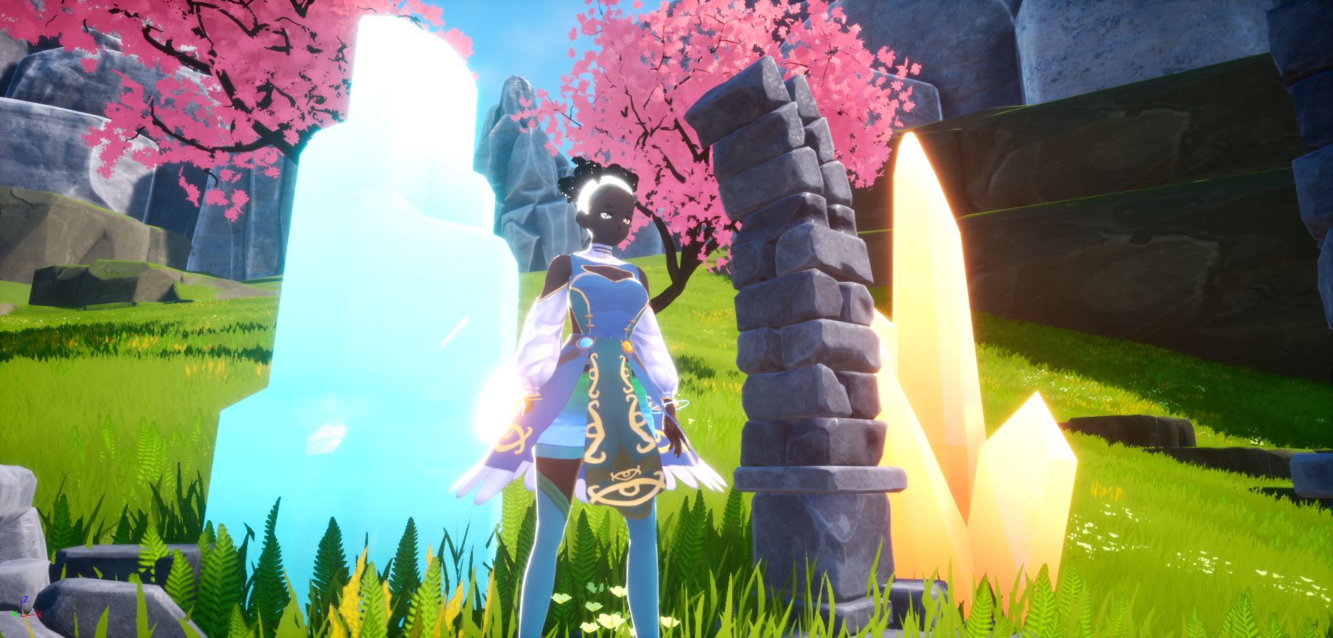 Mawulisa's heroine beside a glowing crystal under blossom trees