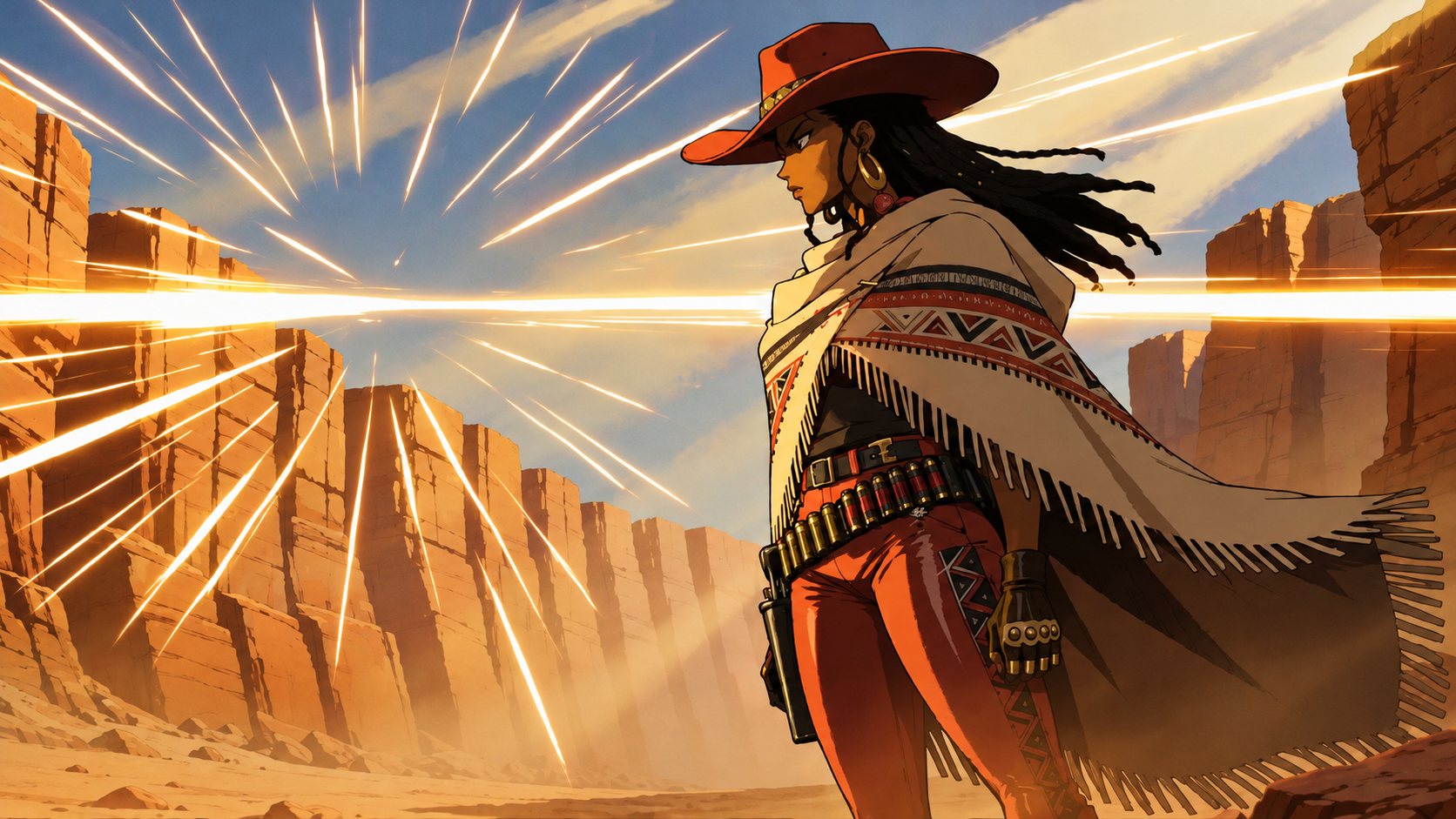 Nambi, in a red hat and fringed poncho, stands in a sunlit canyon
