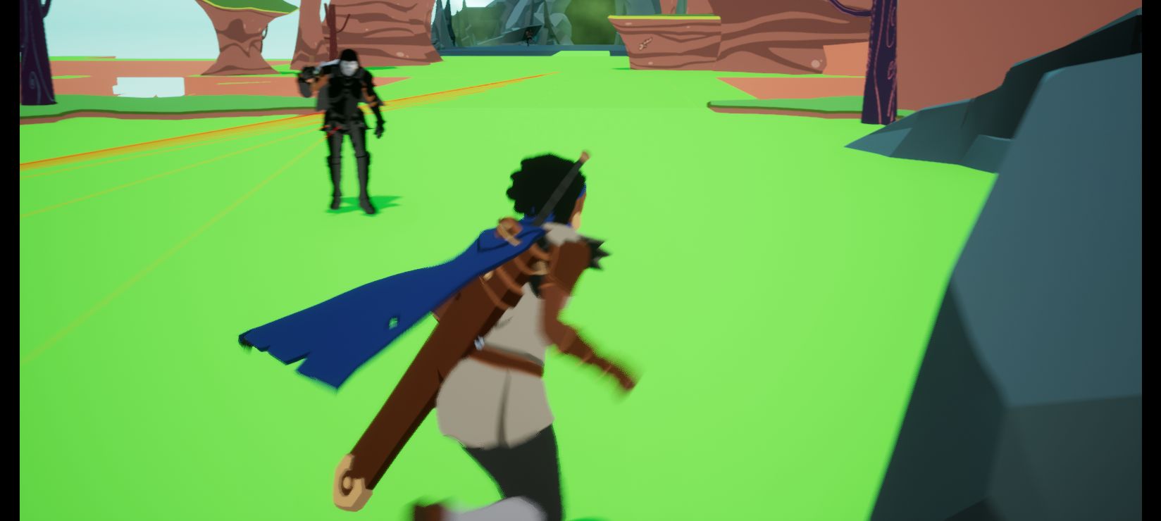 A caped hero facing a rival on a green field