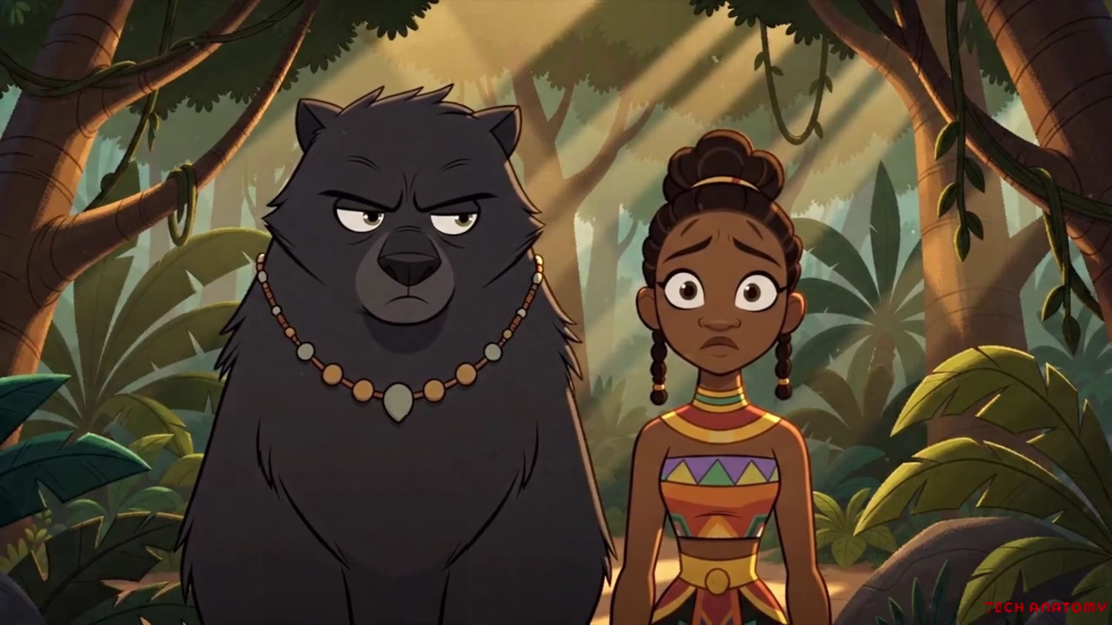 Woga and Koda, her big black cat, in a sunlit forest