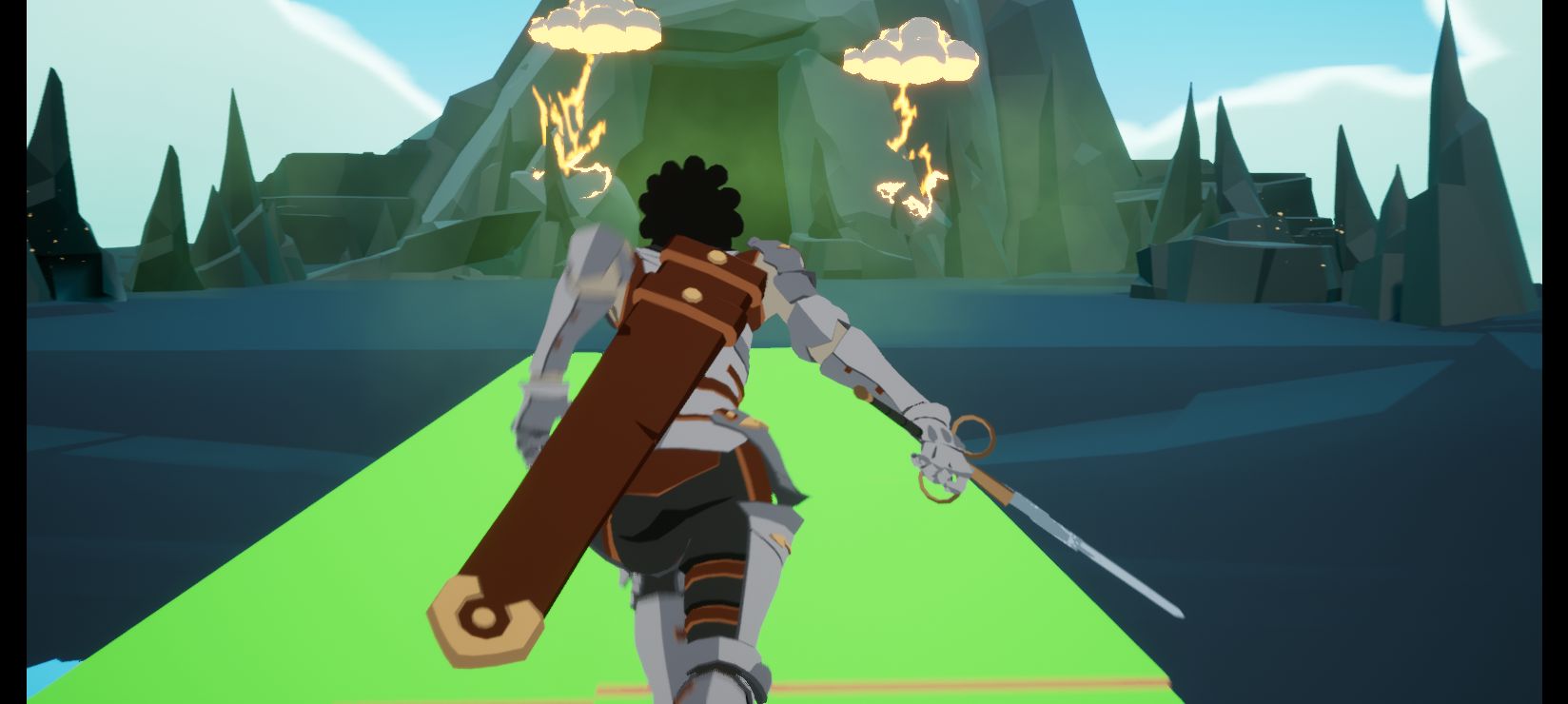 A warrior running towards a storm-wrapped volcano